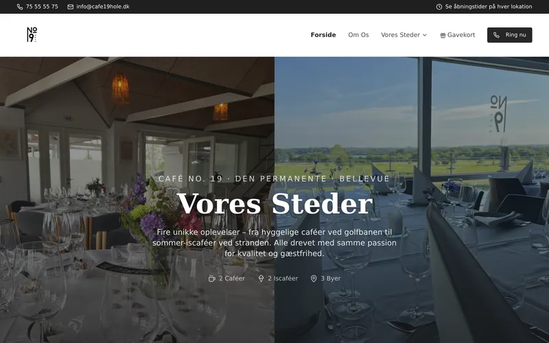 Startsidan på cafe19hole.dk: två foton sida vid sida med dukade bord i kaféet och i restaurangen med utsikt över golfbanan, med den danska rubriken "Vores Steder."